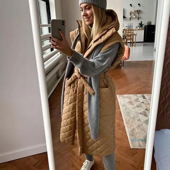 Kylie Puffer Long Midi Quilted Vest Cap Sleeve Stylish Collar W/Oversized Hood - Picture 3 of 6